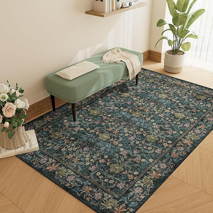 DUKINO 3x5 Area Rug, Vintage Floral Washable Rug for Bedroom with Non Slip Design, Soft Low Pile Indoor Small Carpet for Bedroom, Farmhouse, Living Room, Office, Bathroom, Blue