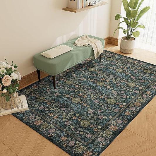 DUKINO 3x5 Area Rug, Vintage Floral Washable Rug for Bedroom with Non Slip Design, Soft Low Pile Indoor Small Carpet for Bedroom, Farmhouse, Living Room, Office, Bathroom, Blue