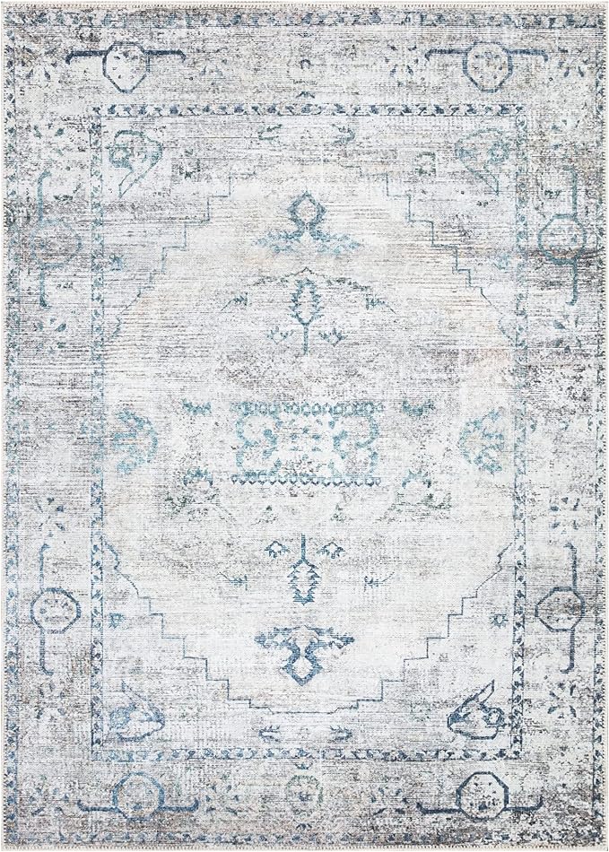 Bloom Rugs Washable Non-Slip 6' x 9' Rug - Teal/Beige Traditional Area Rug for Living Room, Bedroom, Dining Room, and Kitchen - Exact Size: 6' x 9'