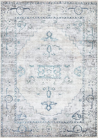 Bloom Rugs Washable Non-Slip 4' x 6' Rug - Teal/Beige Traditional Area Rug for Living Room, Bedroom, Dining Room, and Kitchen - Exact Size: 4' x 6'