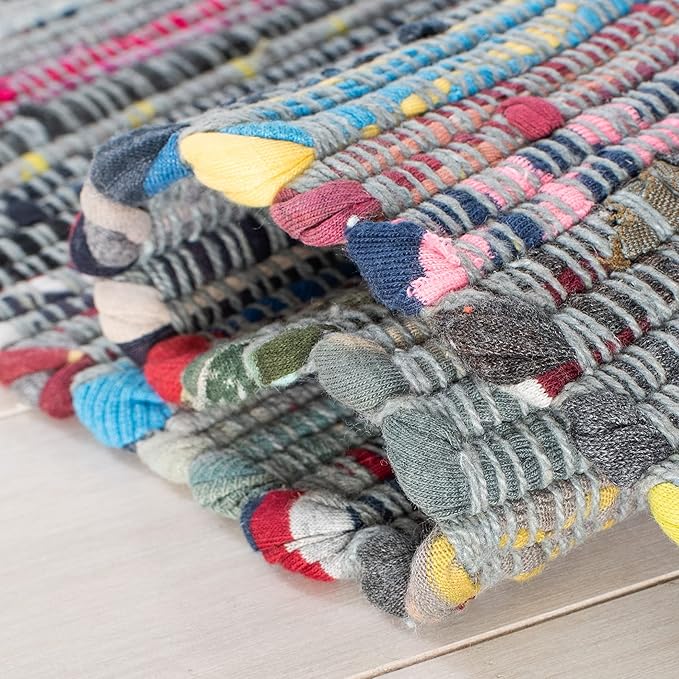 SAFAVIEH Rag Rug Collection Area Rug - 10' x 14', Aqua & Multi, Handmade Boho Stripe Cotton, Ideal for High Traffic Areas in Living Room, Bedroom (RAR121K)