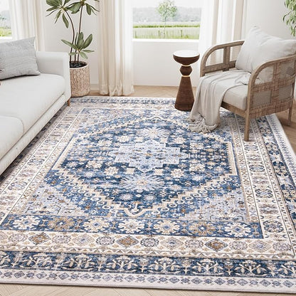 zesthome 6x9 Area Rug, Super Soft Washable Rugs for Living Room, Non-Slip Stain Resistant Vintage Rugs, Ultra-Thin Large Area Rugs (Blue/Beige,6'x9')