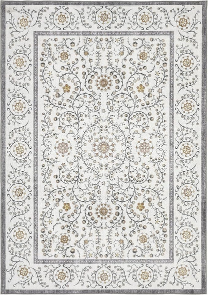 GarveeHome Boho 6x9 Area Rug for Living Room, Floral Vintage Rugs for Bedroom with Soft Low Pile, Non Slip Stain Resistant Botanical Washable Rug 6x9 for Dining Room Grey Carpet for Dorm Office