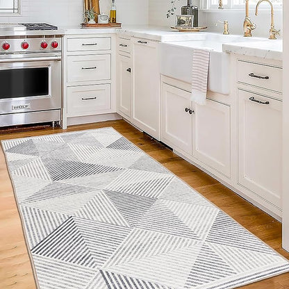 ReaLife Rugs Machine Washable Area Rug Runner - Living Room Bedroom Bathroom Kitchen Entryway Office - Padded Low Pile Stain Resistant Premium - Modern Geometric Contemporary - Miles - Gray 2'6"x10'
