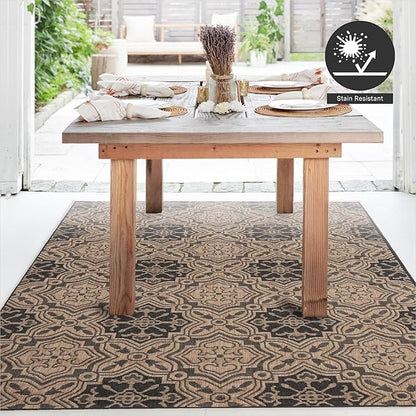 FH Home Flat Woven Outdoor Rug - Waterproof, Easy to Clean, Stain resistant - Premium Polypropylene Yarn - Mosaic Tile - Patio, Deck, Porch, Balcony, Laundry - Messina - Charcoal - 3ft 11 in x 5ft 6in