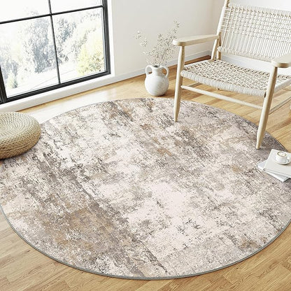 5x5 Washable Round Rug Brown Grey Abstract Living Room Bedroom Area Rug Neutral Modern Non Slip Soft Low Pile Indoor Carpet for Dining Room Office Entryway