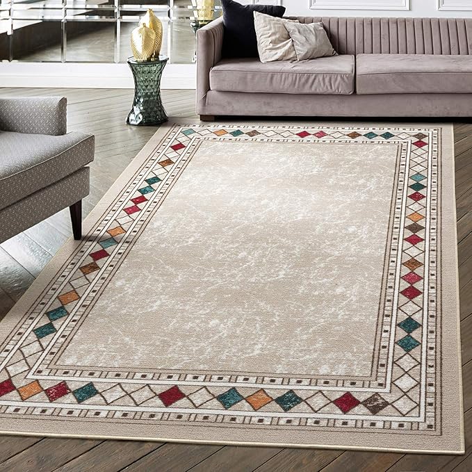 Antep Rugs Alfombras Modern Bordered 8x10 Non-Skid (Non-Slip) Low Profile Pile Rubber Backing Indoor Area Rugs (Beige, 7'10" x 10')