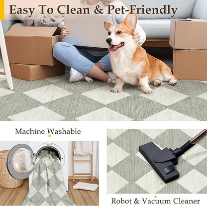 3x5 Checkered Area Rug Grey Machine Washable Small Rug Non-Slip Stain Resistant Low Pile Boho Accent Indoor Throw Carpet for Entryway Office Bedroom Dining Living Room
