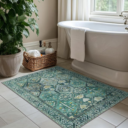 Bavni 2x3 Entryway Rug Bathroom Rugs for Front Door Bedroom Bathroom Kitchen, Washable Vintage Print Carpet, Ultra-Thin Chenille Lightweight Rug with Non Slip Backing, Dark Green