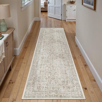 Taupe Runner Rug 2x7 Hallway Machine Washable Kitchen Vintage Distressed Non Slip Long Carpet Indoor Retro Floral Bedroom Accent Throw Rug for Bathroom Office Laundry Dining Living Room