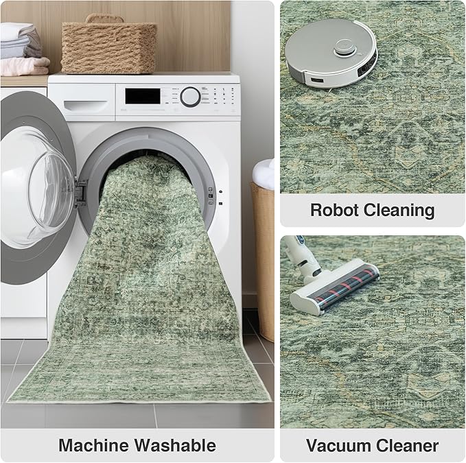 FMFUNCTEX 4x6 Washable Area Rug Green Neutral Vintage Distressed Oriental Non Slip Low Pile Traditional Entryway Indoor Carpet for Living Room Bedroom Soft Retro Throw Rug for Dining Office Entrance