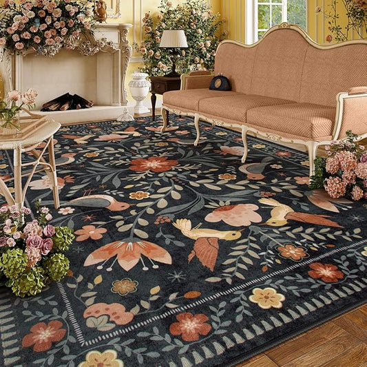 Moynesa Area Rugs 9x12 Black Folk Art Home Decor, Modern Transitional Aesthetic Floral Bird Medallion Carpet for for Living Room Bedroom Dining Room,Non-Slip Washable Floor Protection