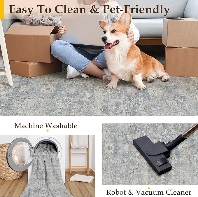 6x9 Blue Washable Area Rug for Living Room Bedroom Neutral Soft Non Slip Rug Low Pile Vintage Distressed Carpet for Dining Room Nursery Office Indoor