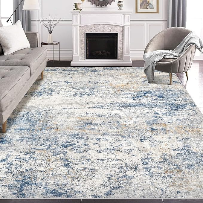 Area Rug Living Room Rugs - 10x14 Abstract Large Soft Indoor Washable Rug Neutral Modern Low Pile Carpet for Bedroom Dining Room Farmhouse Home Office - Blue