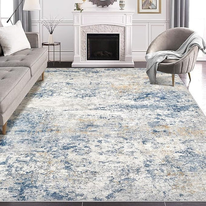 Area Rug Living Room Rugs - 8x10 Abstract Large Soft Indoor Washable Rug Neutral Modern Low Pile Carpet for Bedroom Dining Room Farmhouse Home Office - Blue