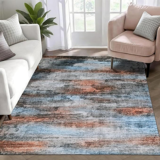 WILLSUN Washable Area Rugs, 4x6 Non-Slip Boho Large Area Rugs for Living Room, Bedroom, Machine Washable Vintage Rug, Indoor Floral Print Carpet for Home Decor, Kid & Pet Friendly Mat