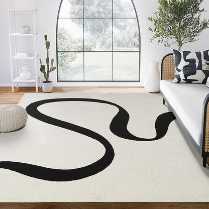 Abani Abstract Beige/Black Area Rug - 8'x10' - Modern Curved Line Design - Deco Collection - Easy to Clean - Durable for High Traffic Areas - Living Room, Dining Room - Medium Pile