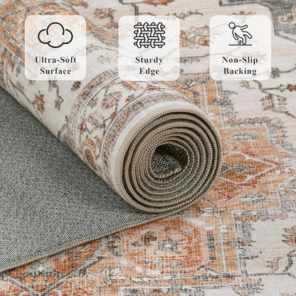 2x6 Vintage Runner Rug Low Pile Runners Non-Slip Machine Washable Rug Retro Distressed Print Lightweight Carpet for Hallway Kitchen Living Room Bedroom Laundry Room