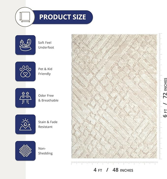 Abani Terra Cream Area Rug for Living Room, Bedroom - Rustic Modern Pattern - 4' x 6' - Durable & Easy to Clean