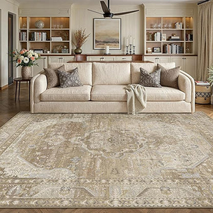 6x9 Washable Vintage Area Rug for Living Room Bedroom Non Slip Distressed Traditional Soft Large Throw Rug Beige Brown Low Pile Lightweight Floral Carpet Office Indoor Playroom Dining Room