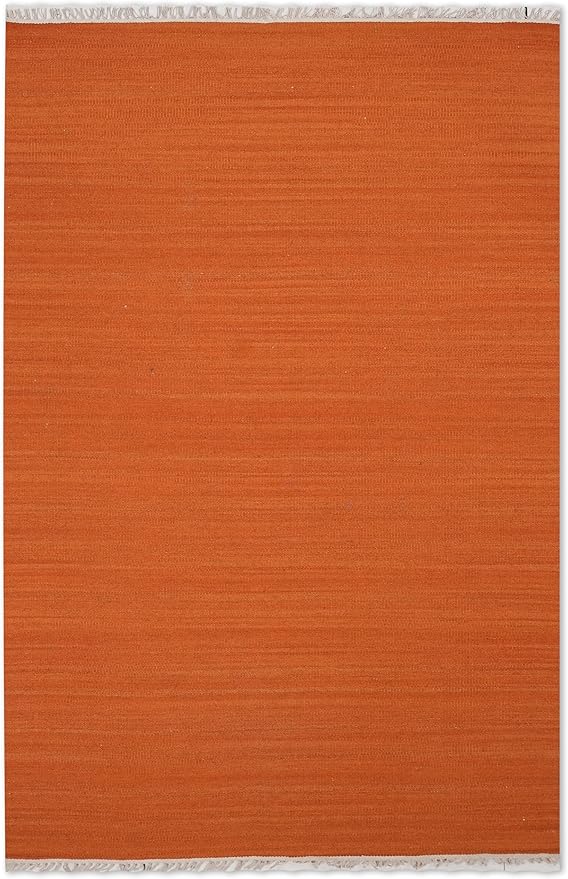 Rugsotic Carpets Hand Woven Flat Weave Kilim Wool ECO-Friendly Area Rugs - 9'x12', Rectangle Shape, Dark Orange Color, Solid Plain Design, Low Pile Handmade Rugs for Living Room (D00111)
