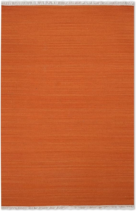 Rugsotic Carpets Hand Woven Flat Weave Kilim Wool ECO-Friendly Area Rugs - 9'x12', Rectangle Shape, Dark Orange Color, Solid Plain Design, Low Pile Handmade Rugs for Living Room (D00111)
