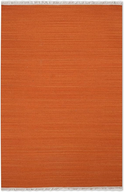 HAND WOVEN FLAT WEAVE KILIM WOOL ECO-FRIENDLY AREA RUGS - 6'x9', Rectangle Shape, Dark Orange Color, Plain Solid Design, Low Pile Handmade Area Rugs for Living Room, Bed Room (D00111)