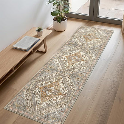 Bavni Kitchen Rug 2x7 Runner Rugs for Hallways Entryway, Washable Vintage Print Carpet, Ultra-Thin Chenille Low Pile Lightweight Rug with Non Slip Backing, Tan/Grey