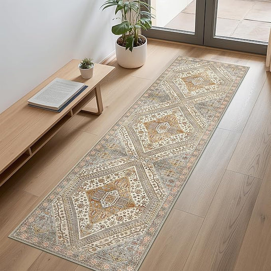 Bavni Kitchen Rug 2x5 Runner Rugs for Hallways Entryway, Washable Vintage Print Carpet, Ultra-Thin Chenille Low Pile Lightweight Rug with Non Slip Backing, Tan/Grey