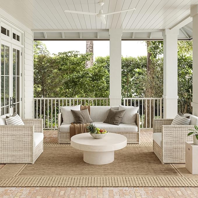 Nuloom Asha Light Brown/Ivory, 8' Square, Casual, Striped Border, Soft and Cozy, High Traffic, Stain Resistant, Easy Clean, Durable Area Rug for Indoor/Outdoor Patio, Deck, Porch, Garden, Courtyard
