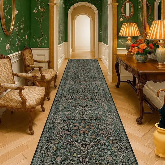 Dark Green Washable 3x12 Extra Long Runner Rug for Hallway Non Slip, Large Kitchen Indoor Floor Rugs for Entryway Hall Way Bedroom, Soft Stain Resistant Low Pile Vintage Floral Carpet