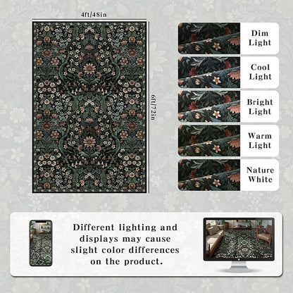 4x6 Black Floral Boho Area Rug,Low-Pile Stain Resistant Non-Slip Machine Washable Carpet for Living Room,Bedroom, Kitchen,Entryway,Dining Room, Nursery