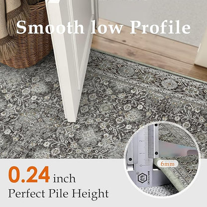 Black Runner Rug 2'6"x14' Vintage Area Carpet Hallway Long Indoor Kitchen Washable Living Room Low Pile Traditional Distressed Retro Accent Rug Non Slip Laundry Bathroom Office Dining Room
