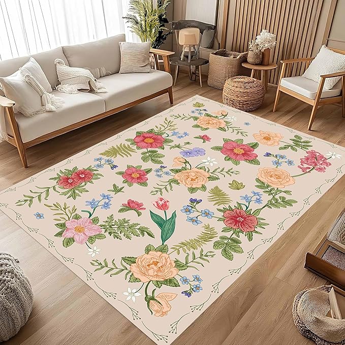 Rustic Flower Area Rug, 5x6ft, Classic Colorful Bohemian Floral Pattern with Beige Large Hall Botanical Rug, Non Slip No Crease Easy Care Girls Room Decor Carpet for Relax Room Bedroom