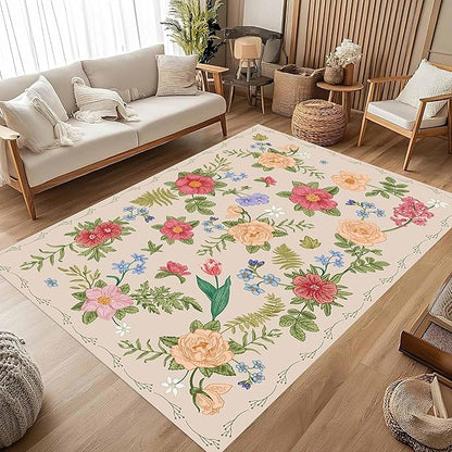 Rustic Flower Area Rug, 4x6ft, Classic Colorful Bohemian Floral Pattern with Beige Large Hall Botanical Rug, Non Slip No Crease Easy Care Girls Room Decor Carpet for Relax Room Bedroom