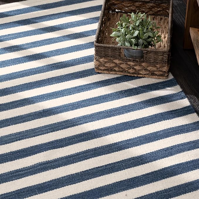 Home Conservatory Ladder Stripe Navy/Ivory Handwoven Wool 4 X 6 Feet, Blue/Ivory Stripe Pattern