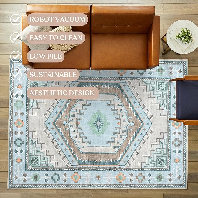 Fame Living Washable Area Rug. Modern Farmhouse. Vintage. Turkish. Bohemian. Distressed. Oriental. Traditional. Rugs for Living Room. Dining. Bedroom. Office. Entryway. Foyer. (856GG, 9'5" x 14')
