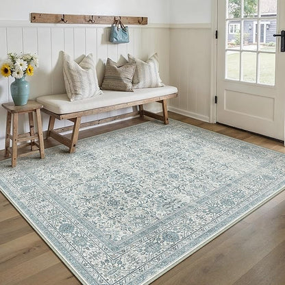 Vintage Area Rug 5x7 Blue Washable Living Room Large Carpet Non Slip Bedroom Indoor Office Low Pile Traditional Distressed Retro Accent Rug for Dining Room Bathroom Kitchen
