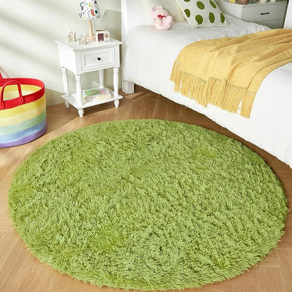 Andency Grass Green Round Area Rug 5x5 for Bedroom, Fluffy Shag Circle Rug for Room, Faux Fur Carpet for Home Decor, Fuzzy Plush Circular Rug for Living Room, Playroom