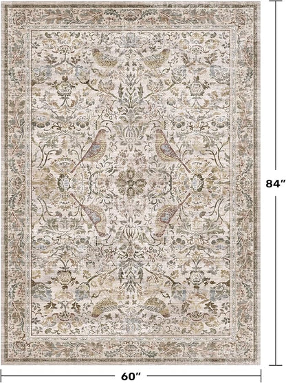 Moss 5x7 Living Room Area Rug, Vintage Washable Rug for Bedroom, Kitchen Table, Home Office, Oriental Brown Botanical Design, Low Pile Soft Carpet with Bird Pattern