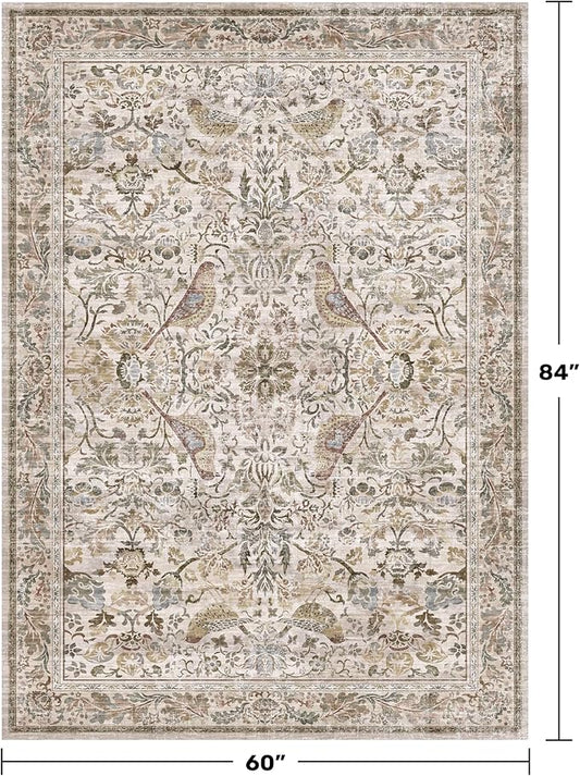 Moss 5x7 Living Room Area Rug, Vintage Washable Rug for Bedroom, Kitchen Table, Home Office, Oriental Brown Botanical Design, Low Pile Soft Carpet with Bird Pattern