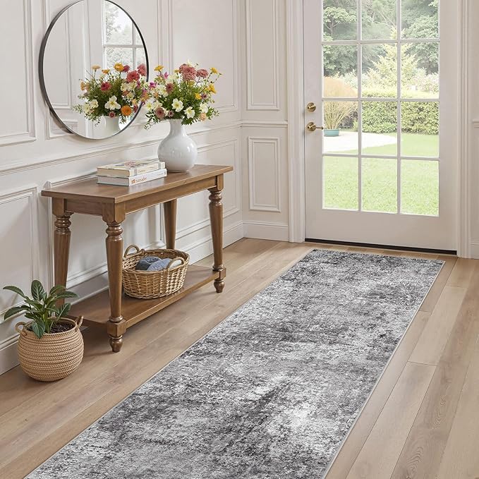 Washable Runner Rug for Hallway: 2x6 Neutral Modern Abstract Low Pile Area Rug with Non-Slip Backing - Carpet for Bedroom Kitchen Laundry Entryway Bathroom Indoor - Grey