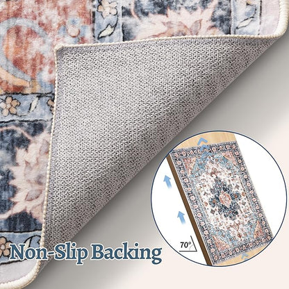 Tangsoo 3x8 Runner Rug for Hallway Long Washable Hallway Runner Rugs, Non Slip Vintage Soft Low Pile Rug Runner, Indoor Oriental 8ft Carpet Runners for Kitchen Bedroom Entryway Living Room Blue/Orange