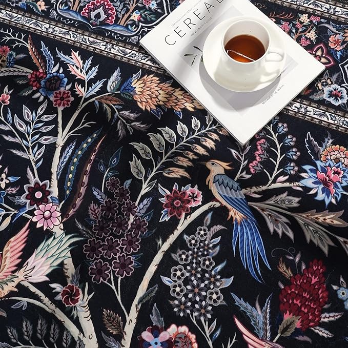 Rugcomf Area Rugs 4x6 Vibrant Tree of Life-Patterned Vintage Washable Rugs Non Slip Low Pile Small Carpet for Bedroom Bedside Kids Room Office Dining Room, Black