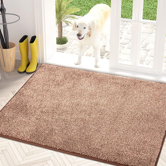PURRUGS Dirt Trapping Door Mat 34" x 59", Non-Slip Machine Washable Entry Rug, Shoe Scraper, Dog Doormat, Super Absorbent Welcome Mat for Front & Back Door, Muddy Shoes & Paws, Brown-Light Cream