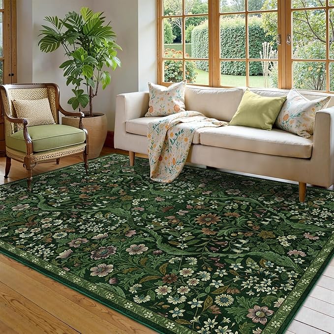 5×7 Dark Green Washable Floral Area Rug,Vintage Boho Soft Low-Pile Living Room Rugs, Stain Resistant Botanical Non-Slip Carpet for Bedroom,Dining Room, Kids Nursery,Home Decor
