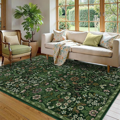 5×7 Dark Green Washable Floral Area Rug,Vintage Boho Soft Low-Pile Living Room Rugs, Stain Resistant Botanical Non-Slip Carpet for Bedroom,Dining Room, Kids Nursery,Home Decor