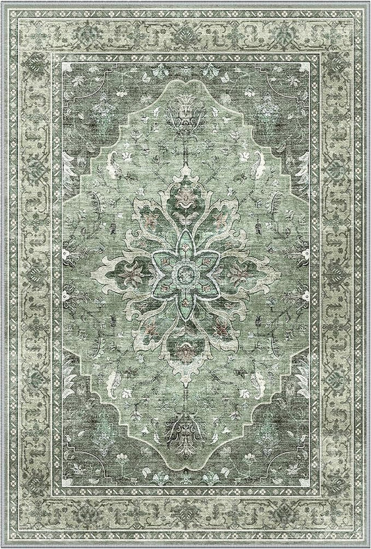 Area Rugs 3'x8' Washable Non-Slip, Floral Vintage Distress Print Pattern Medallion Carpet for Living Room Bedroom Dining Room, Dark Green Gray