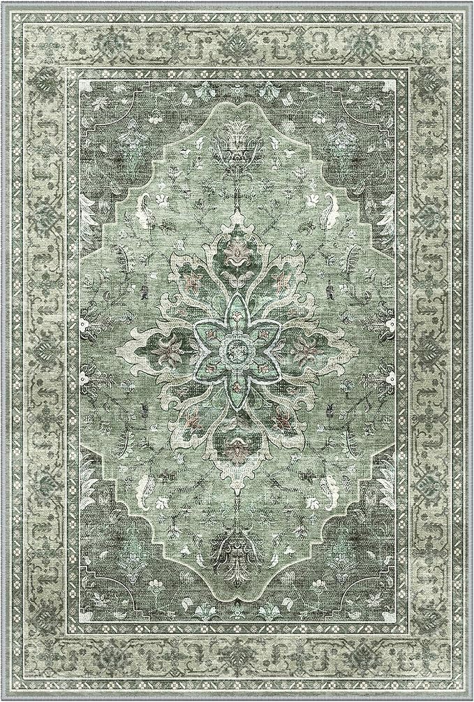 Area Rugs Square 10ft Washable Non-Slip, Floral Vintage Distress Print Pattern Medallion Carpet for Living Room Bedroom Dining Room, Dark Green Gray