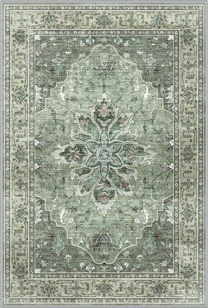 Area Rugs 7'x10' Washable Non-Slip, Floral Vintage Distress Print Pattern Medallion Carpet for Living Room Bedroom Dining Room, Dark Green Gray